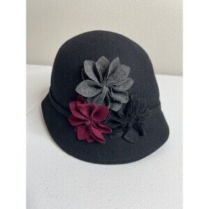 Vintage Wool Cloche Hat Floral Appliqué Black Y2K Old County Road